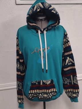 Teal Hooded Pullover with Patterned Sleeves and Embroidered Bird,Azteca, Western